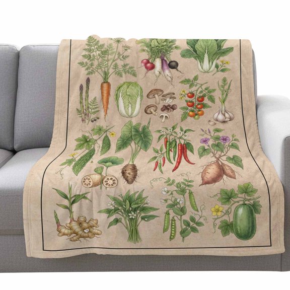 Vegetables Fleece Throw Blanket Lightweight Retro Carrots Garlic Tomatoes Beans Linen Texture Fuzzy Flannel Throws Super Soft Cozy Flannel Blanket for Couch, Sofa, Bed, Travel 40"x50"
