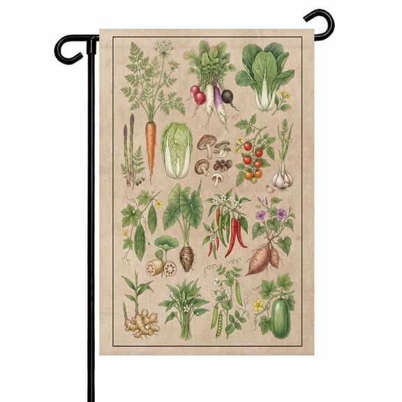 Vegetables Garden Flag 12x18 Inch Retro Carrots Garlic Tomatoes Beans Linen Texture Double Sided Small Decorative Garden Flags for Outside, Outdoor Yard Porch Lawn Decoration