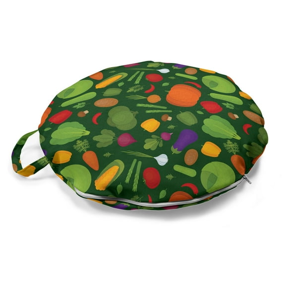 Vegetables Round Floor Cushion with Handle, Simplistic Drawn Organic Healthy Food Pattern Carrot Pepper Potato Corn, Pillow for Living Room & Dorms, 18" Round, Emerald Multicolor, by Ambesonne