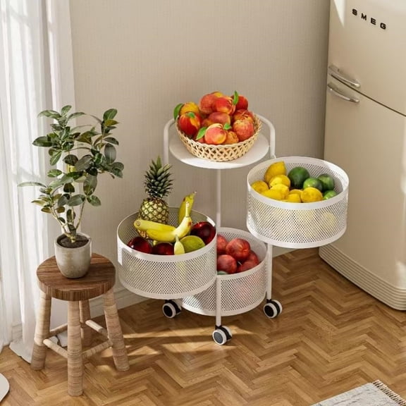 Vegetables Storage Basket, Rotating Storage Shelves Basket Carts Rack Organizer Bin on Rolling Wheels in Kitchen Household for Fruits Grocery Corns Potatos-(3-Tier,White)