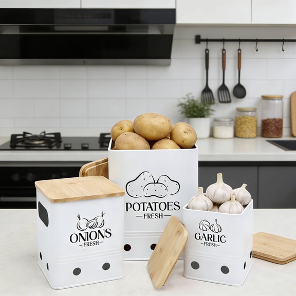 Vegetables Storage Jars Potatoes Onions Garlic Canister Set with Bamboo Lids, Metal Food Storage Containers for Kitchen Pantry, 3Pcs