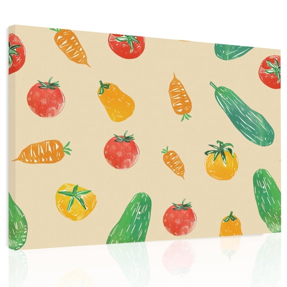 Vegetables Tomatoes Canvas Print Wall Art, Cucumbers Carrots Brown Wall Decor Modern Artwork Paintings Pictures for Living Room Framed and Stretched Ready to Hang, 12" x 16"
