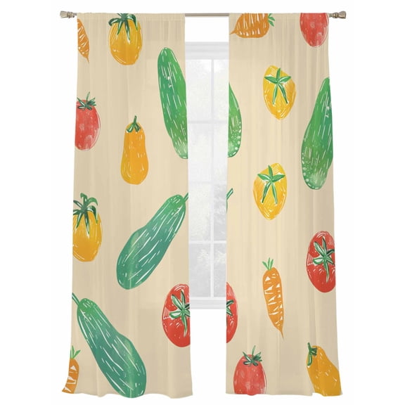 Vegetables Tomatoes Sheer Curtains 96 inches Long 2 Panels Set Cucumbers Carrots Brown Tiers Sheers Rod Pocket Small Window Short Curtains for Kitchen Cafe, Each 52" W x 96" L