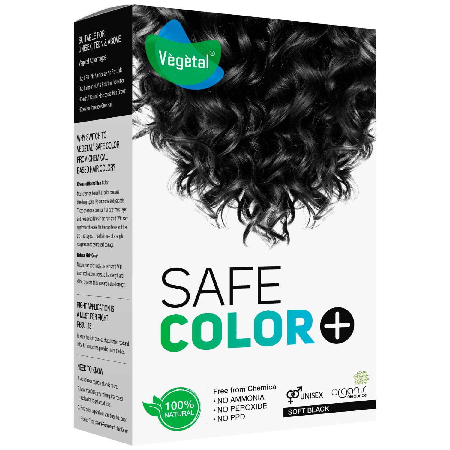 Vegetal Safe Hair Color -Soft Black 50gm - Certified Organic Chemical and Allergy Free Bio Natural Hair Color with No Ammonia Formula for Men & Women