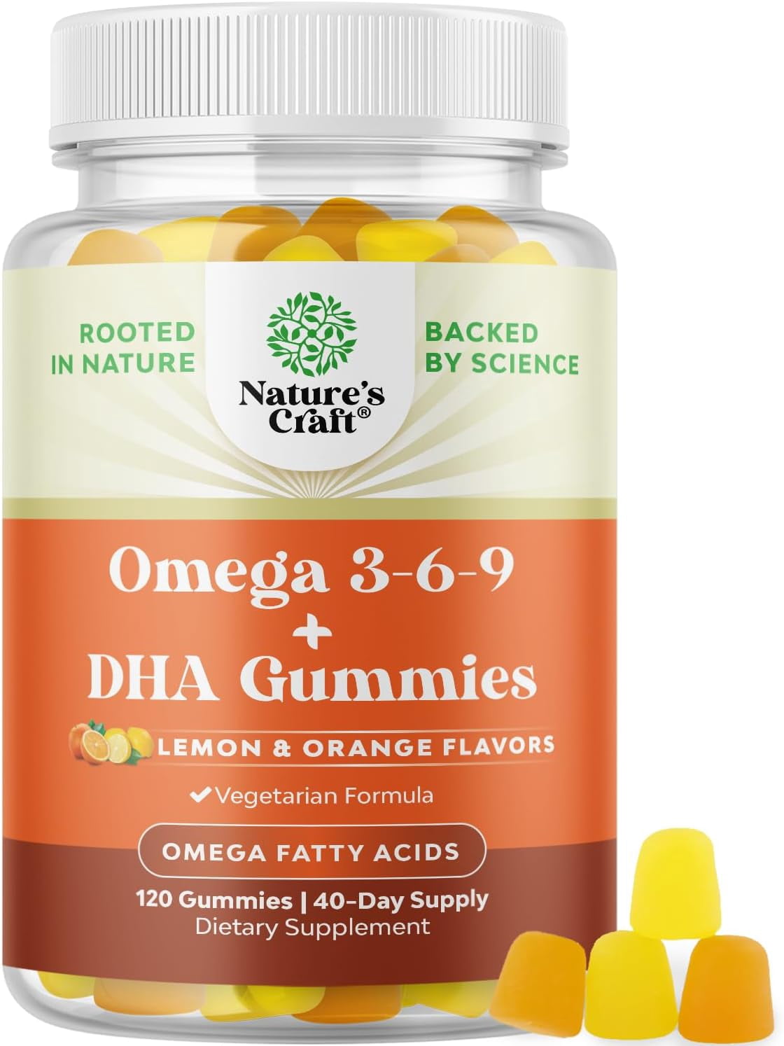 Natures Craft Omega 3 Gummies Plant-Based 3 6 9 DHA – Lemon & Orange Flavors, 120 Count