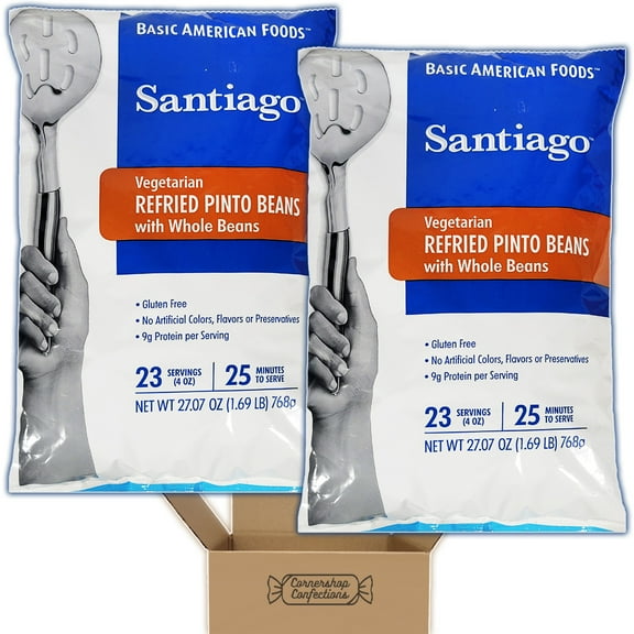 Vegetarian Refried Pinto Beans Bulk Pack - 2 Individually Sealed 27.07 Ounce Bags - With Whole Beans - Gluten Free, No Artificial Colors, Flavors or Preservatives in Cornershop Confections Pack