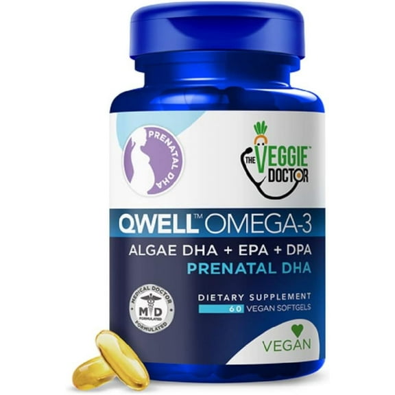 Vegan Prenatal Vitamins with DHA (60 Count) Omega-3 - Qwell Better Than Fish Oil, Brain Function - 820 Mg Algae DHA & EPA, Vegan Prenatal Vitamins with Vitamin E, Carrageenan-Free