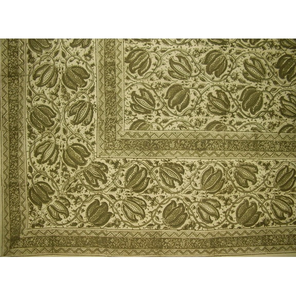 Veggie Dye Block Print Tapestry Cotton Bedspread 106" x 72" Twin Green