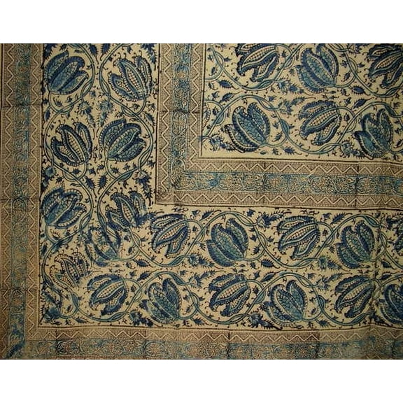 Veggie Dye Block Print Tapestry Cotton Bedspread 108" x 88" Full-Queen Blue