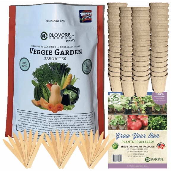 Veggie Garden Favorites Grow Kit | 725 Seeds, 29 Varieties + 60 Organic EcoPaper Seed Pots | Non-GMO, Resealable Bags, Peat-Alternative