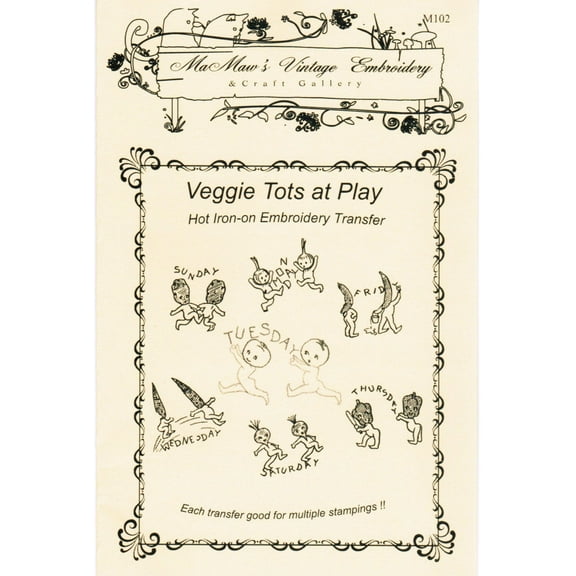Veggie Tots at Play Hot Iron Embroidery Transfers by MaMaw's Vintage Embroidery