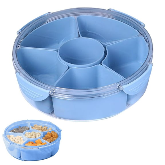 Veggie Tray with Lid for Fridge – Clear Divided Serving Tray with 6 Compartments for Snacks,Fruits,and Dinner – Blue Round