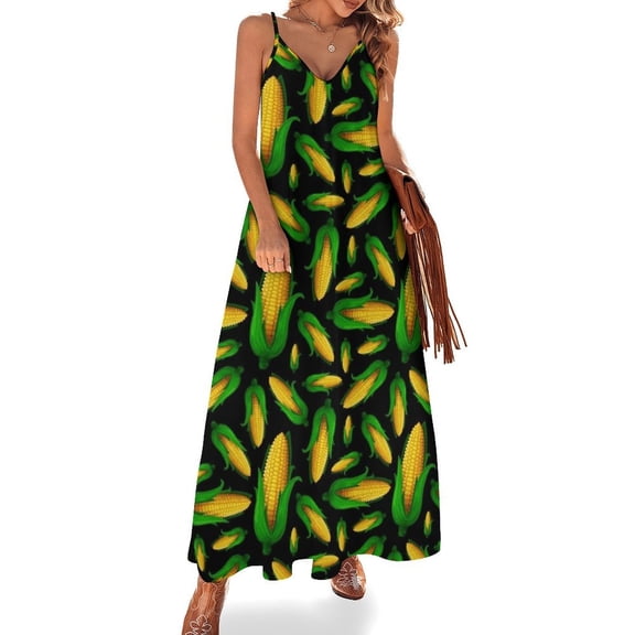 Veggiephile Corn Sleeveless Suspender Dress Summer Fashion Casual Long Dress
