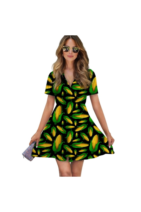 Veggiephile Corn Women Dress V-Neck Short Sleeve Flowy Swing Party Midi Dress