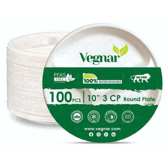 Vegnar 10-Inch Round Bagasse Disposable Plates (100 Pack) – 3-Compartment Plates | Heavy Duty Compostable Plates for Weddings, Parties & Office