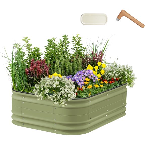 Vego Garden 17" Tall 6 in 1 Novel Modular Raised Garden Bed Kit Metal Planter Box with 2 in 1 Wrench & Magnetic Plant Tags for Vegetables Flowers Fruits Olive Green