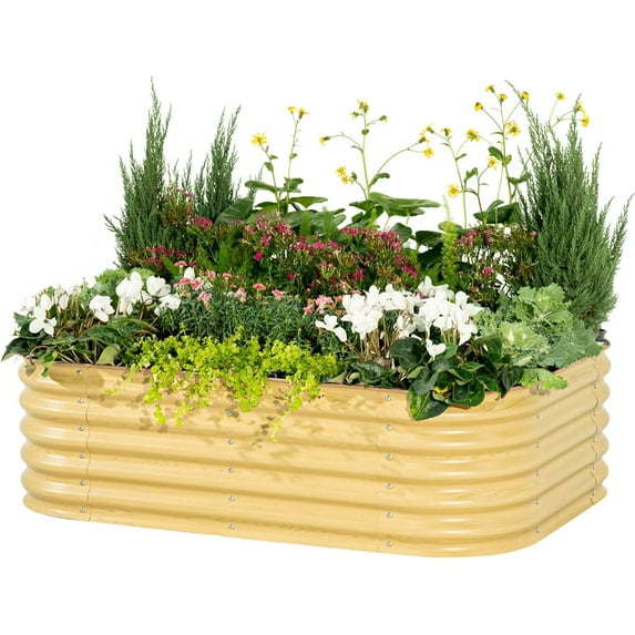 Vego Garden 17" Tall 6 in 1 Raised Gardening Bed Metal Outdoor Planter for Vegetables Galvanized Flowers Box Sunlit Oak