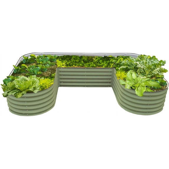 Vego Garden 17" Tall U-Shape Raised Garden Bed Metal Planter Box for Vegetables Flowers Ground Standard Size Olive Green