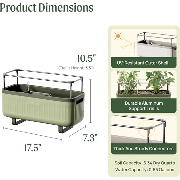 Vego Garden Herb Indoor Plant Box Self Watering Planter with Trellis Sage Green for Kitchen Window Sill
