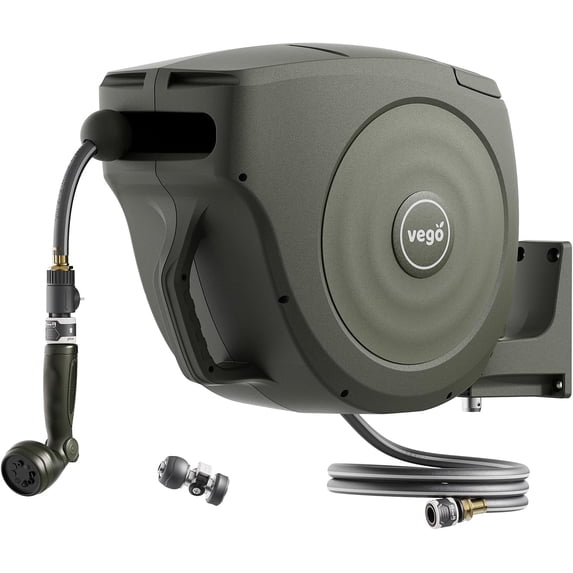Vego Garden Hose Reel Retractable Hi-Flow x 100ft Wall Mounted Automatic Rewind, Any Length Lock with 9 Patterns Sprayer Nozzle, Quick Connector and Adjustable shot Nozzle-Seaweed Green