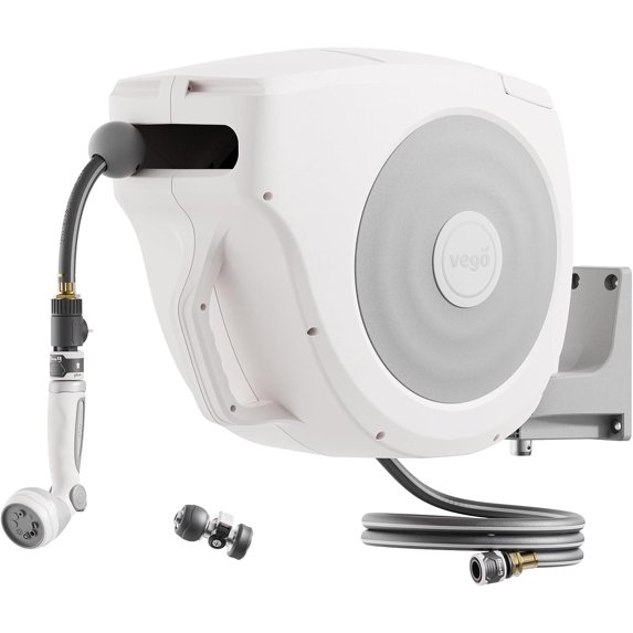 Vego Garden Hose Reel Retractable Hi-Flow x 100ft Wall Mounted Automatic Rewind, Any Length Lock with 9 Patterns Sprayer Nozzle, Quick Connector and Adjustable shot Nozzle-Cloud White