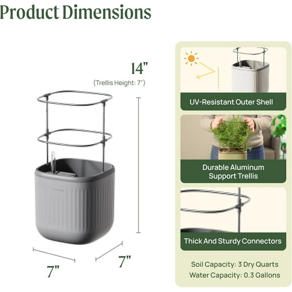 Garden Mini Planter with Trellis - Self-Watering Herb Countertop Planter for Climbing Vegetables, Flowers, Mint Plants - Fog Gray