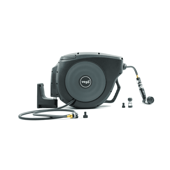 Vego Garden Retractable Hose Reel 1/2" x 130 ft Wall Mounted Hose Reel Automatic Rewind, Any Length Lock with 9 Patterns Sprayer Nozzle, Quick Connector and Adjustable shot Nozzle -Tidepool Blue