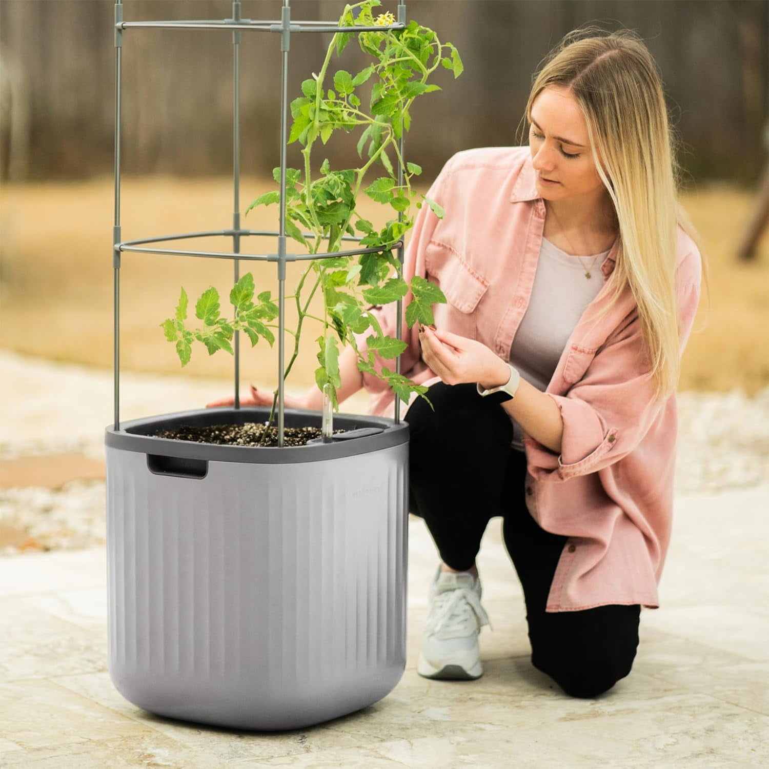 Fog Gray Self-Watering Indoor Outdoor Planter with Trellis