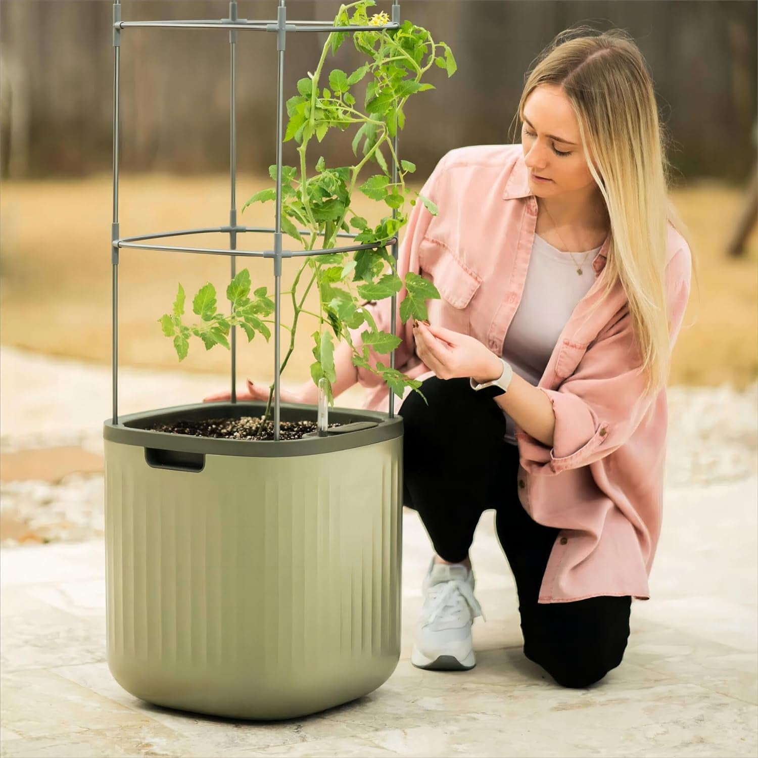 Sage Green Self-Watering Indoor Outdoor Planter with Trellis