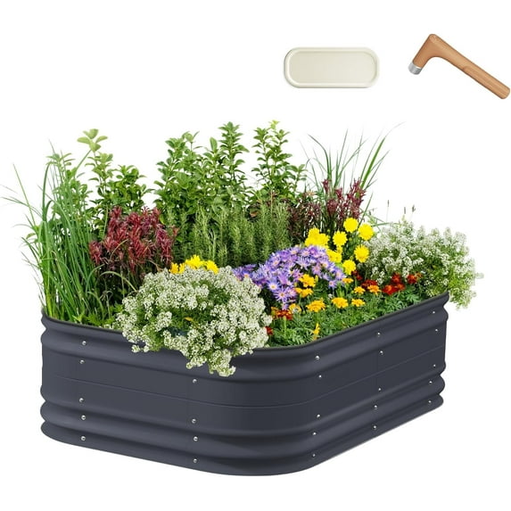 Vego Garden 17" Tall 6 in 1 Novel Modular Raised Garden Bed Kit Metal Planter Box with 2 in 1 Wrench & Magnetic Plant Tags for Vegetables Flowers Fruits Modern Gray