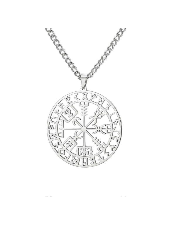 Vegvisir Compass Necklace for Women - Stainless Steel Viking Amulet Pendant, Nordic Rune Talisman Jewelry, Silver Charm