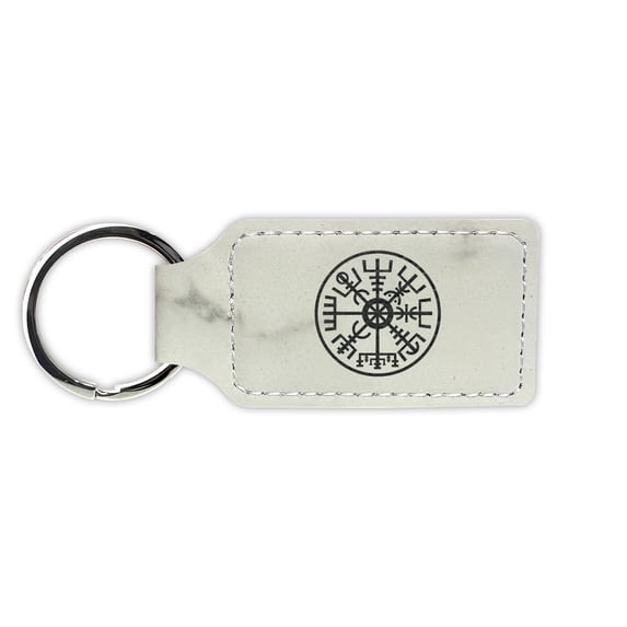 Vegvisir Navigation Compass of Vikings Keychain Leatherette Rectangle - Laser Engraved - Many Colors - Key Chain Ring - ancient medieval icelandic - Marble