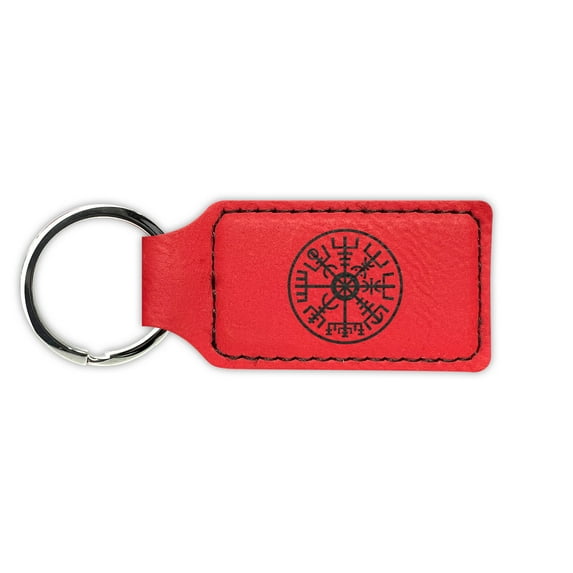 Vegvisir Navigation Compass of Vikings Keychain Leatherette Rectangle - Laser Engraved - Many Colors - Key Chain Ring - ancient medieval icelandic - Red