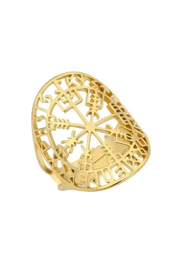 Vegvisir Viking Ring Gold PVD Plated 316L Stainless Steel Norse Band Womens Fantasy Forge Jewelry