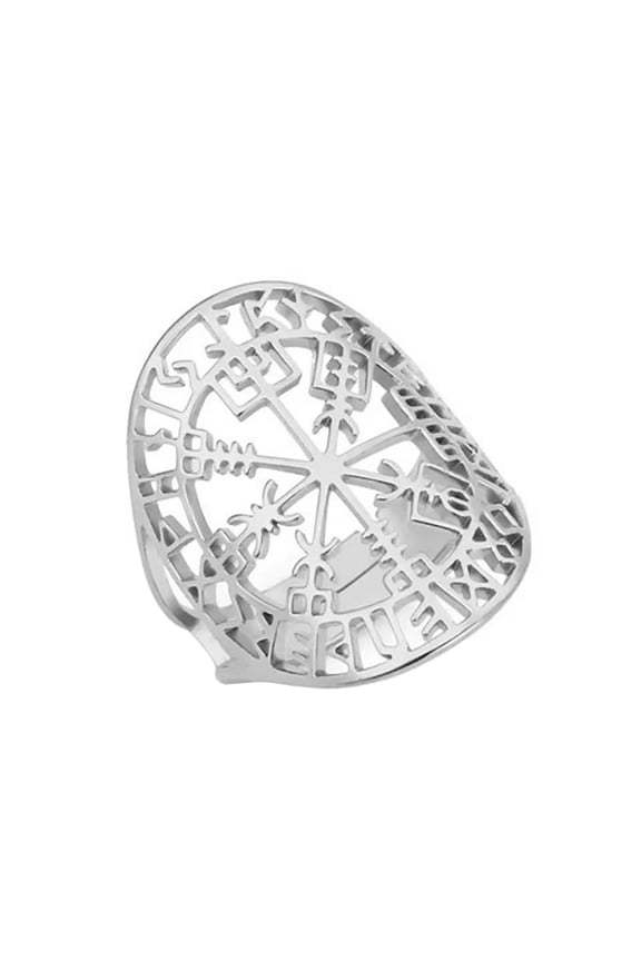 Vegvisir Viking Ring Silver 316L Stainless Steel Adjustable Norse Band Womens Fantasy Forge Jewelry