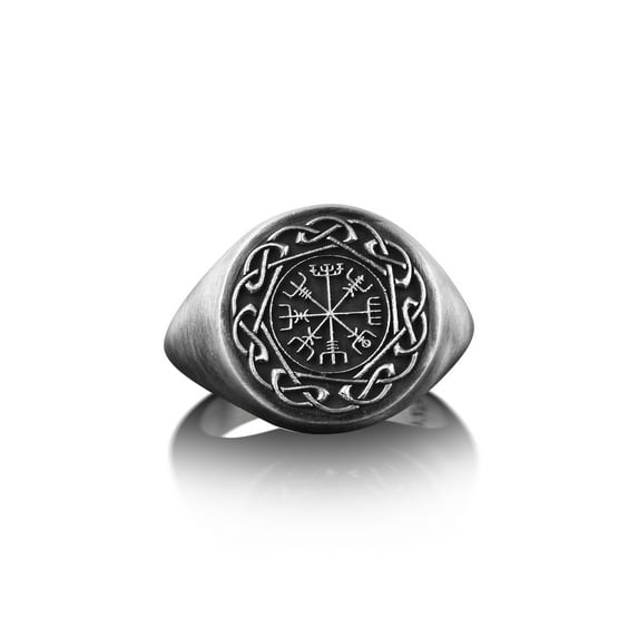 Vegvisir with Viking Knot Ring for Men in Sterling Silver, Norse Mythology Pinky Signet Ring, Nordic Men Engraved Ring, Viking Compass Ring