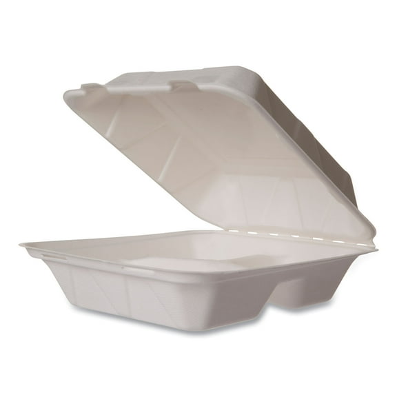 Vegware™ Nourish Molded Fiber Takeout Containers, Compostable, 3-Compartment, 7.9 x 7.9 x 2.9, White, Sugarcane, 200/Carton