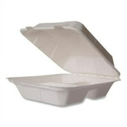 Vegware White Molded Fiber Clamshell Containers, 3-Compartment, 8 x 17 x 2, White, Sugarcane, 200/Carton