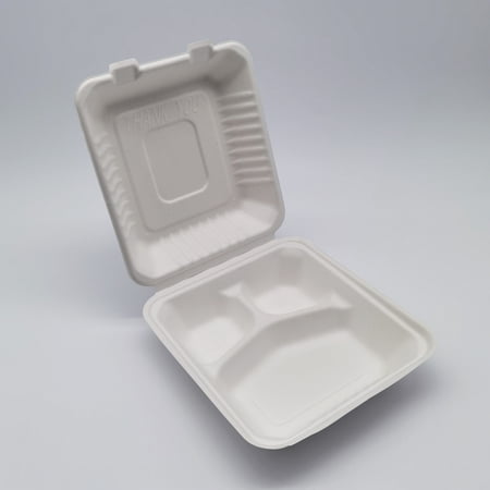 Northlight 3-Compartment Hinged White Take Out Containers - 8" - 200 Count