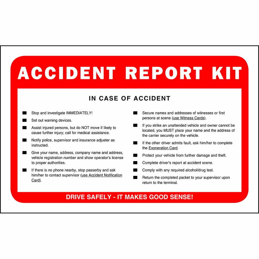 Vehicle Accident Report Kit in Envelope 10pk. No Camera J. J