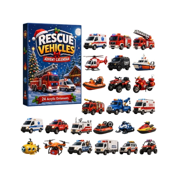 Vehicle Advent Calendar 2026, 24 Pcs Christmas Countdown Calendar with Fire Truck Acrylic Tree Ornaments for Boys