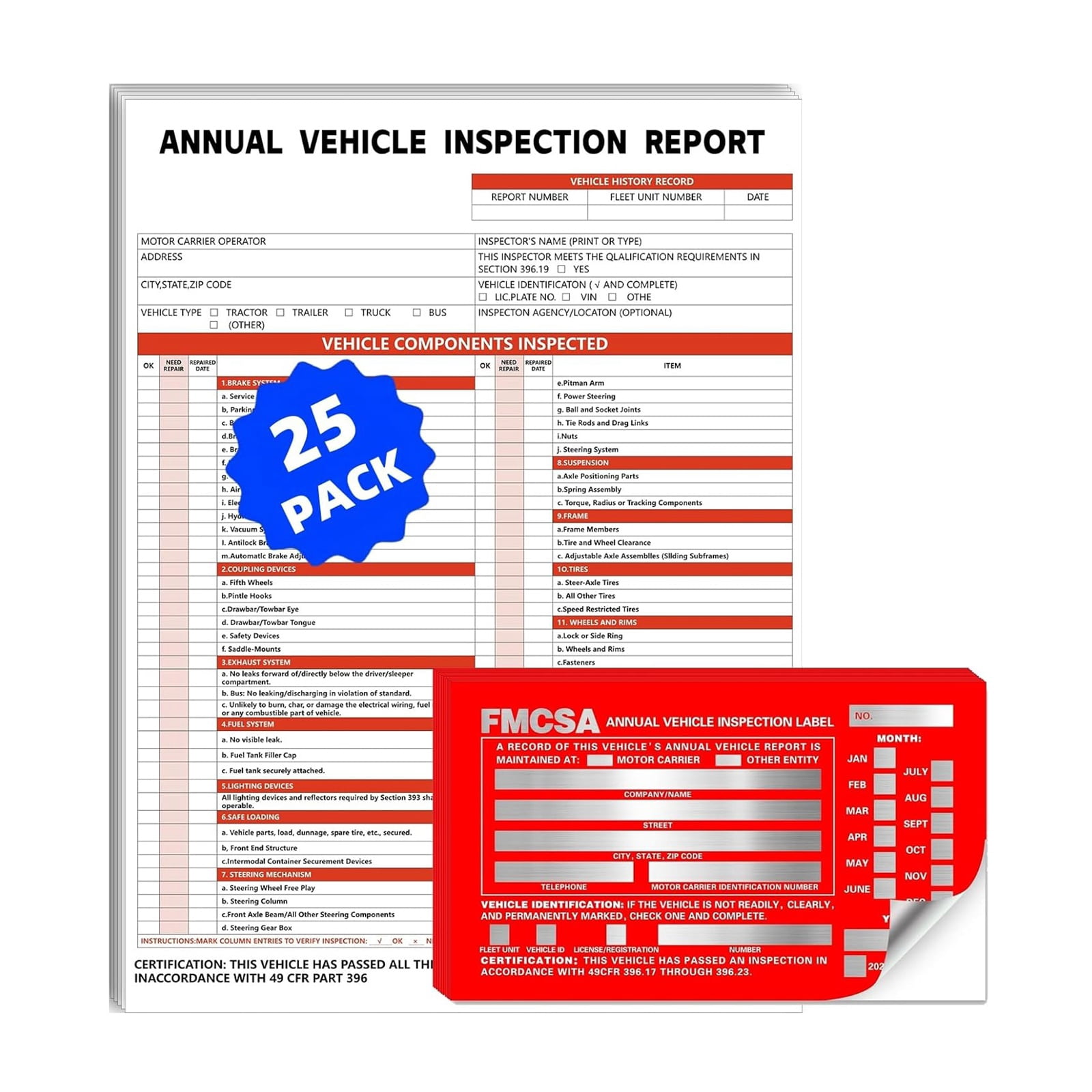 Vehicle Annual Inspection Report Forms and FMCSA DOT Aluminum Decals ...