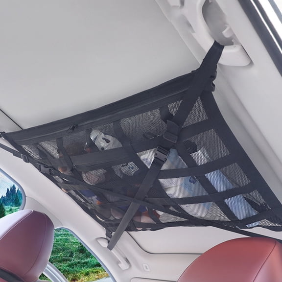 Vehicle Ceiling Cargo Net - Overhead Roof Storage Organizer with Double Layer Mesh, Tunable Straps & 4 Buckles for Suv Vehicle Van Camping Travel Staples