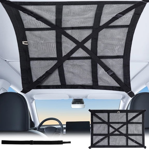 Vehicle Ceiling Cargo Net Pocket - Overhead Roof Storage Organizer with Double-Layer Mesh, Reinforced Straps & Zipper Pockets for Suv, Vehicle, Van, Road Trip & Camping Staples