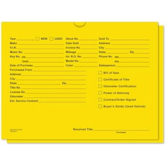 Vehicle Deal Envelopes (Deal Jackets) - Packs of 100 (Yellow)