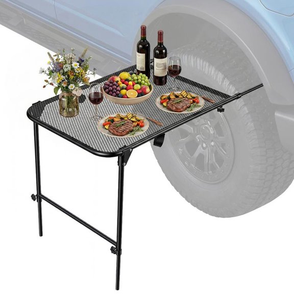 Vehicle Folding Camping Table Tire Mount Carbon Steel 30kg No Tools Quick Setup Adjustable Length Height Metal Mesh Waterproof Rustproof Double Angle Support Enhanced Stability Retractable Legs