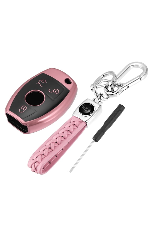 Vehicle Key Fob Cover 3 Button Remote Key Fob Case with Keychain Pink for Mercedes for benz C E S M CLS CLK G