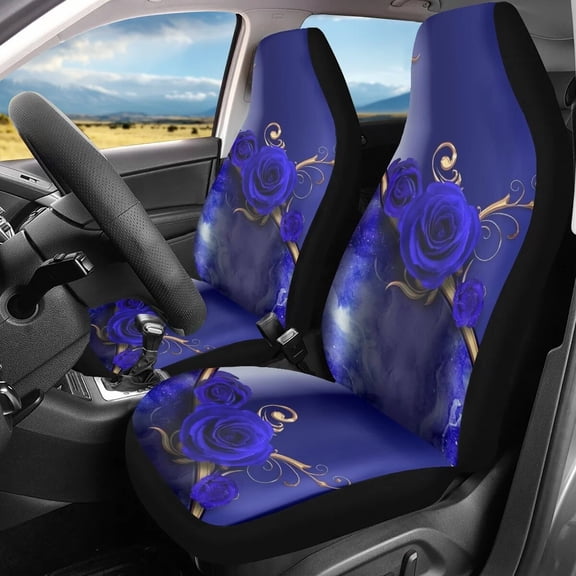 Vehicle Seat Covers Blue Gothic Rose Design Pattern Breathable Front Car Interior Seat Cover 2Pcs for Women Men Easy to Install