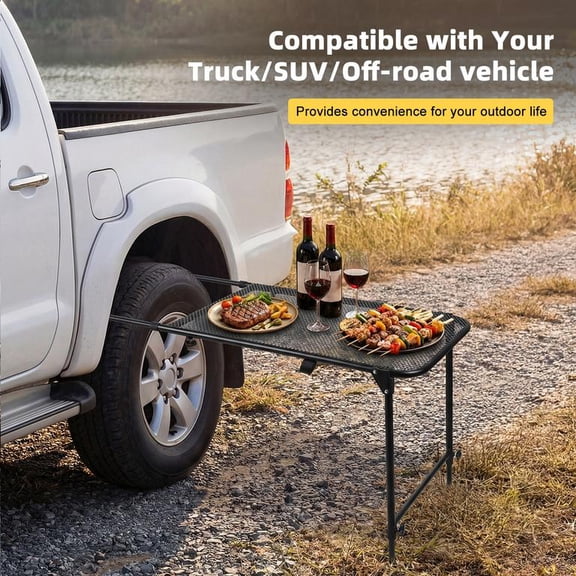 Vehicle Tire Mount Folding Camping Table Carbon Steel 30kg Tool-Free Quick Setup Adjustable Length Height Mesh Waterproof Rustproof Double Angle Support Enhanced Stability Retractable Legs Design