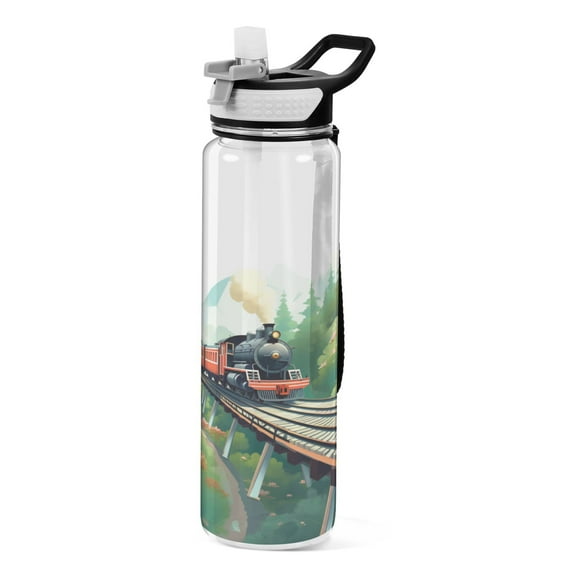 Vehicle Train Landscape 32oz Sports Water Bottles Leakproof Tritan Bottle with Straw BPA Free Clear Bottle for Fitness Gym Outdoor Cycling